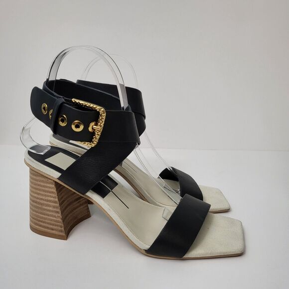 DOLCE VITA Paytin Sandals Womens 7.5 Black White Ankle Strap Square Toe Heels - Picture 2 of 11